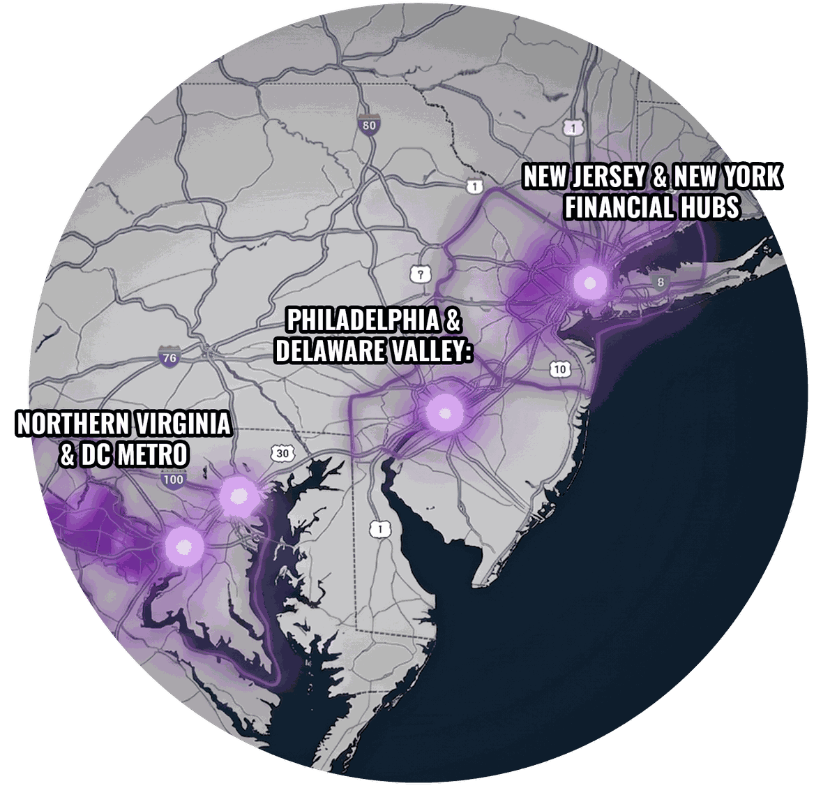 Map of the Particle Zero service corridor: Northern Virginia and DC, Philadelphia and the Delaware Valley, and New Jersey and New York