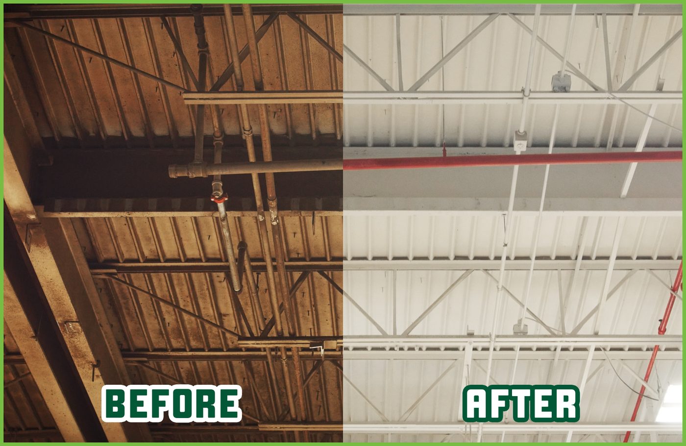 Overhead cleaning: before and after, by a Kelly crew