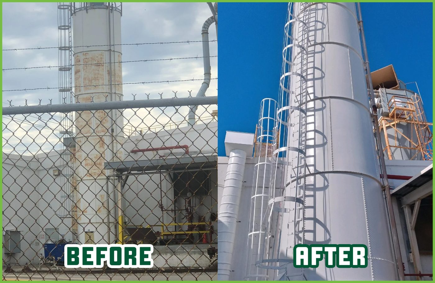 Silo painting: the same area before and after a Kelly crew worked on it